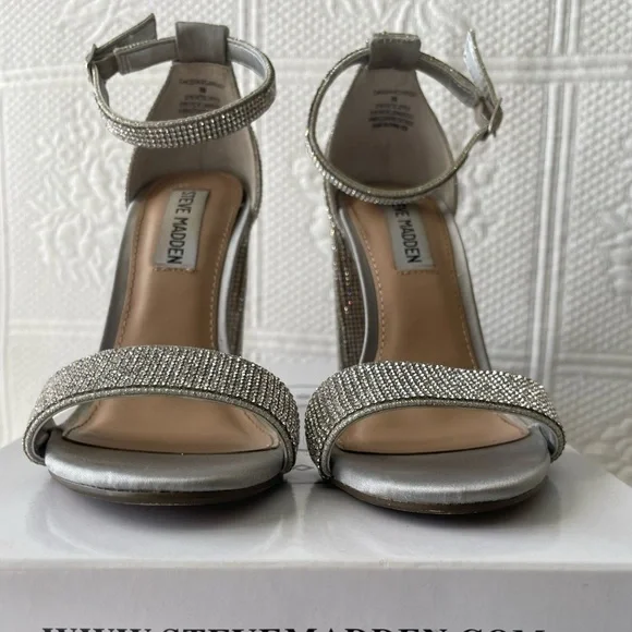 Steve Madden Carson-R Crystal Rhinestone Ankle Strap Open Toe Heels Silver 6 - Picture 4 of 13